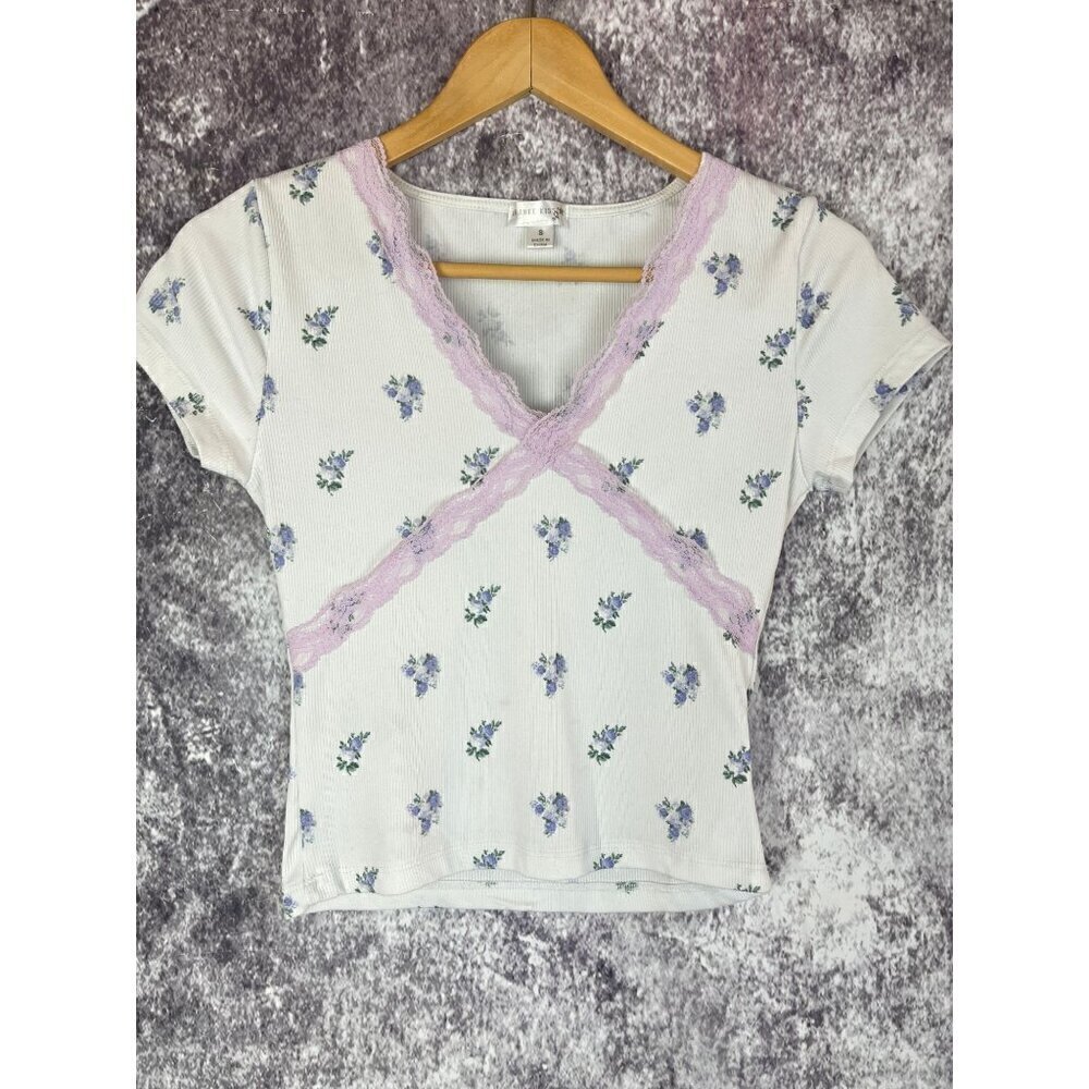 Orange Kiss White Purple Cross Lace Floral Top Blouse Cottage‎ Women's Small